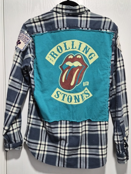 Other - Upcycled Unisex Rolling Stones Flannel Blue Plaid Button Down Shirt